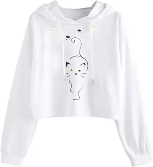 Womens Cropped Hoodies Fall 2024 Casual Solid Cat Print Hooded Sweatshirt Drawstring pullover Tops