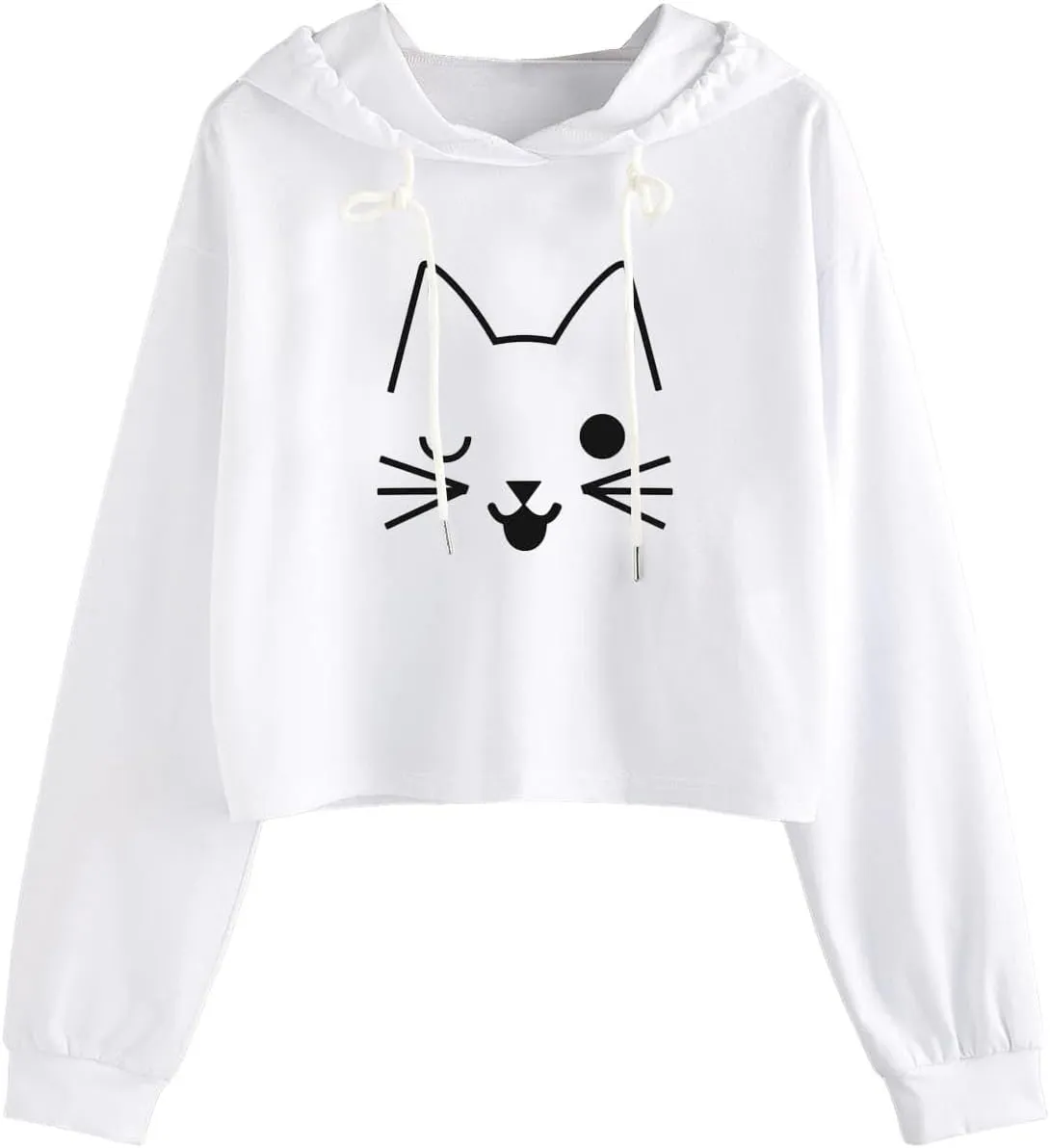Womens Cropped Hoodies Fall 2024 Casual Solid Cat Print Hooded Sweatshirt Drawstring pullover Tops