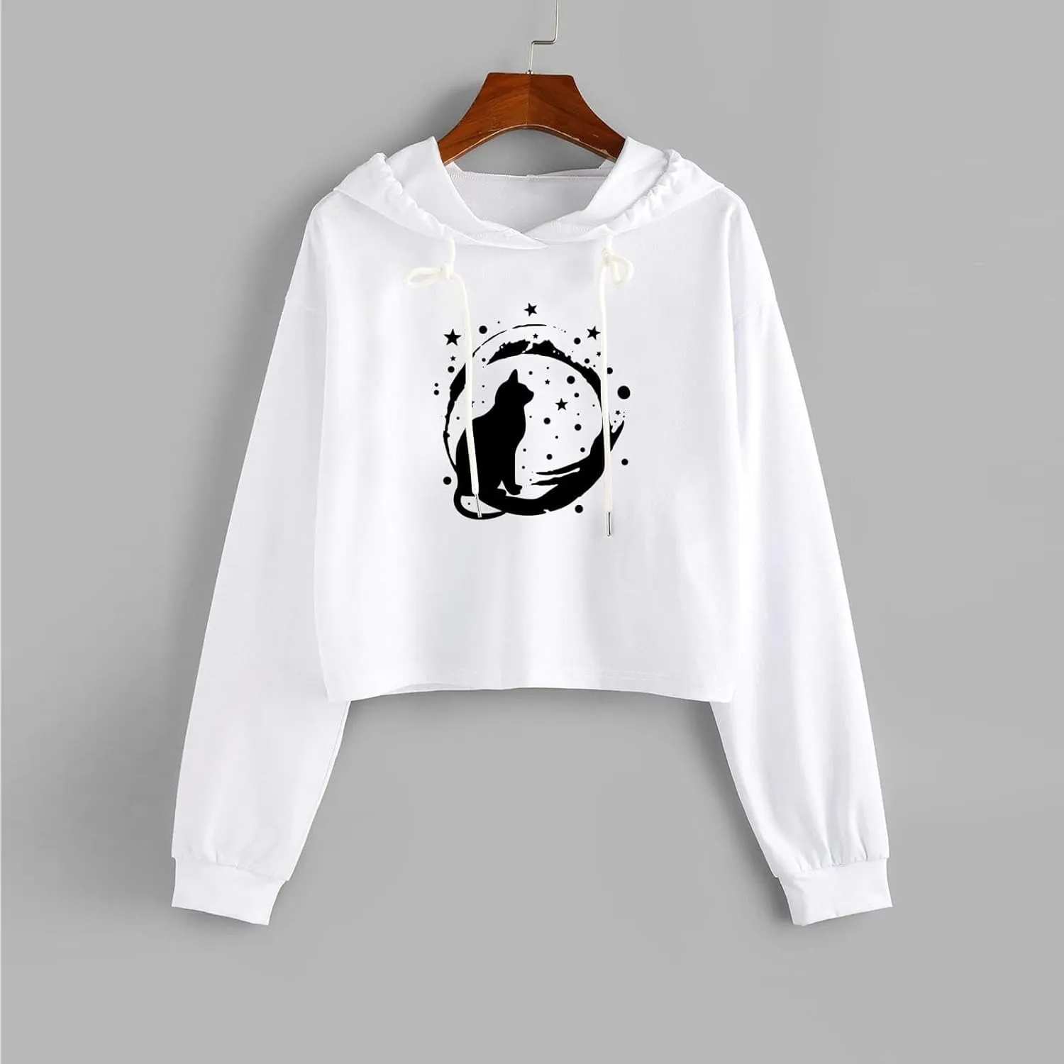 Womens Cropped Hoodies Fall 2024 Casual Solid Cat Print Hooded Sweatshirt Drawstring pullover Tops