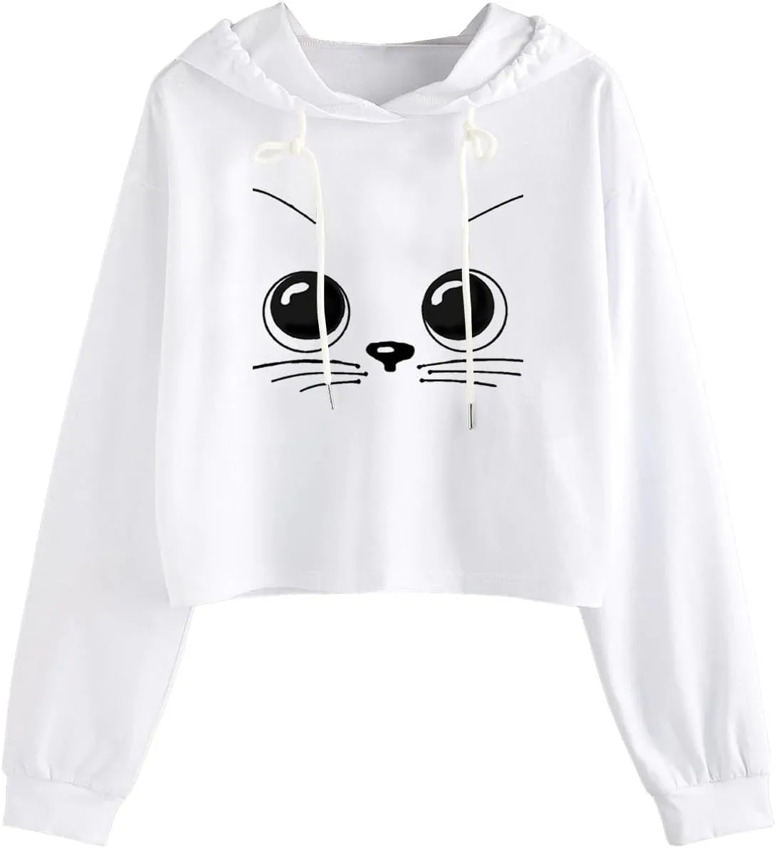 Womens Cropped Hoodies Fall 2024 Casual Solid Cat Print Hooded Sweatshirt Drawstring pullover Tops