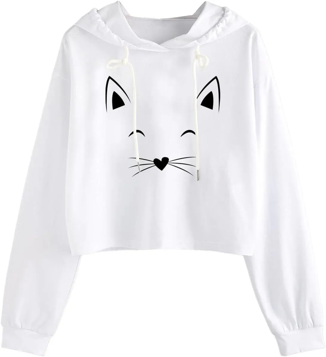 Womens Cropped Hoodies Fall 2024 Casual Solid Cat Print Hooded Sweatshirt Drawstring pullover Tops