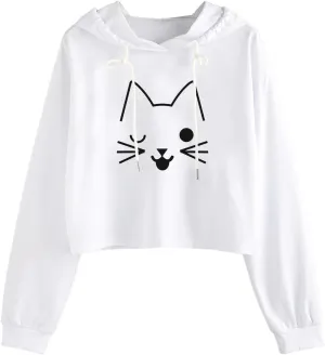 Womens Cropped Hoodies Fall 2024 Casual Solid Cat Print Hooded Sweatshirt Drawstring pullover Tops