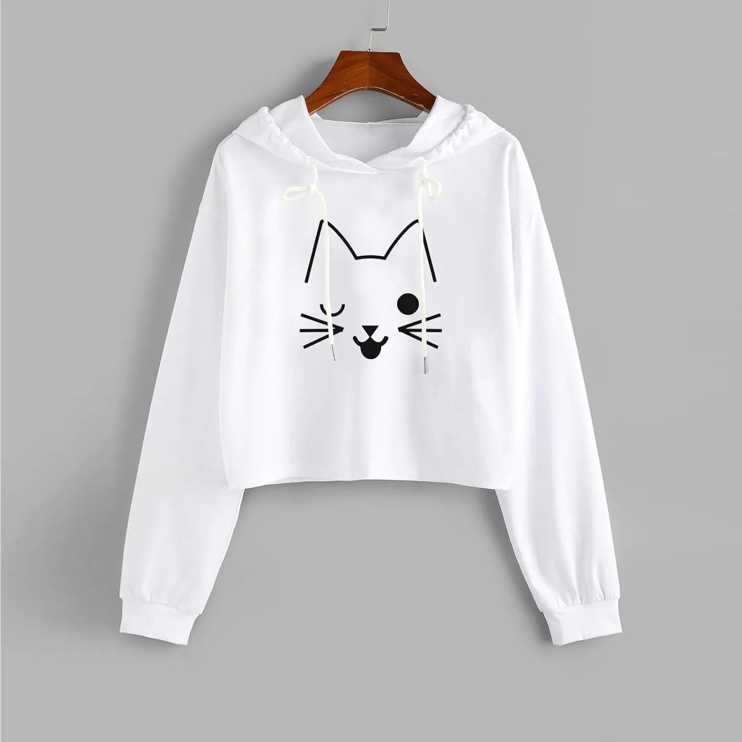 Womens Cropped Hoodies Fall 2024 Casual Solid Cat Print Hooded Sweatshirt Drawstring pullover Tops