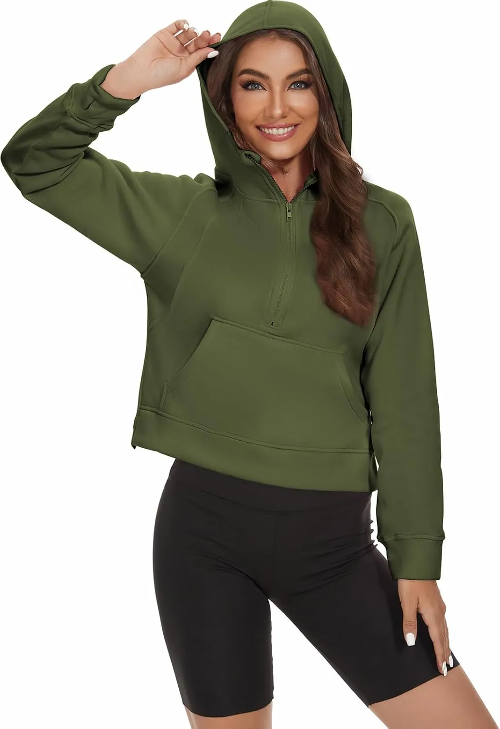 Womens Cropped Hoodies Half Zip Pullover Sweatshirts Fleece Zip Up Hooded Fall Fashion Outfits Clothes
