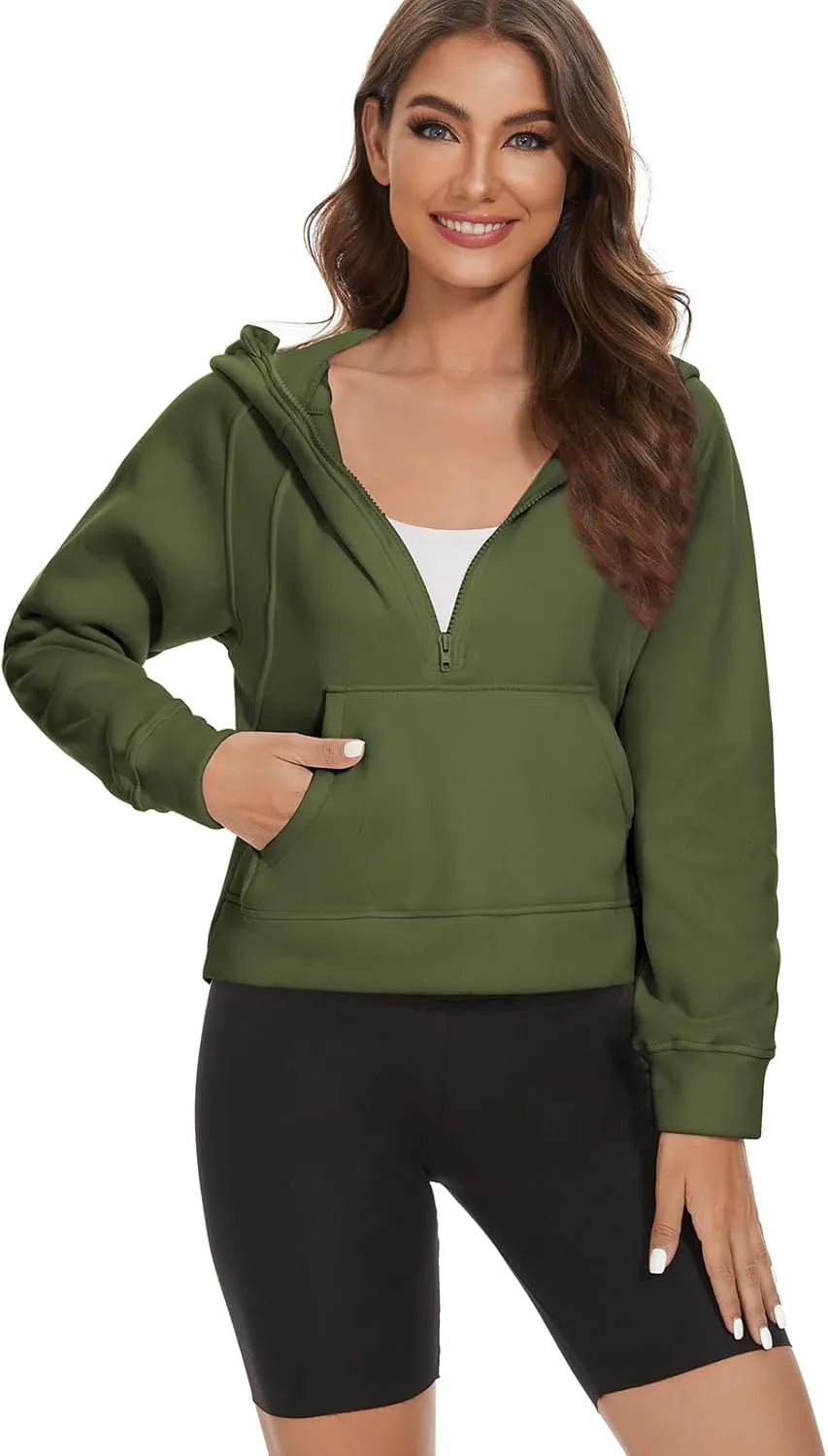 Womens Cropped Hoodies Half Zip Pullover Sweatshirts Fleece Zip Up Hooded Fall Fashion Outfits Clothes