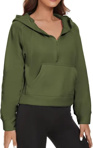 Womens Cropped Hoodies Half Zip Pullover Sweatshirts Fleece Zip Up Hooded Fall Fashion Outfits Clothes