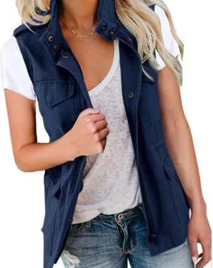 Womens Daily Fall Regular Sleeveless Vest Military Anorak Zip Up Lightweight Hoodies Jacket with Pockets