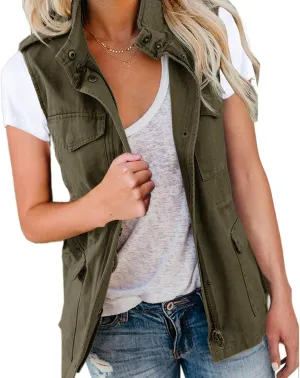 Womens Daily Fall Regular Sleeveless Vest Military Anorak Zip Up Lightweight Hoodies Jacket with Pockets