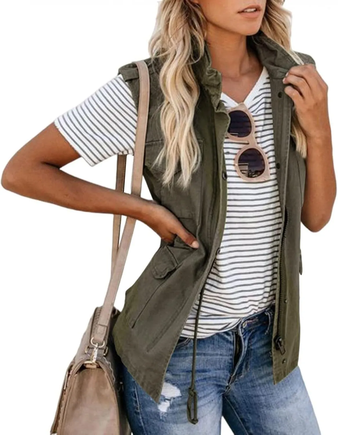 Womens Daily Fall Regular Sleeveless Vest Military Anorak Zip Up Lightweight Hoodies Jacket with Pockets