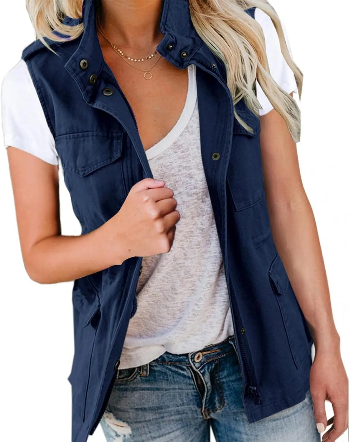 Womens Daily Fall Regular Sleeveless Vest Military Anorak Zip Up Lightweight Hoodies Jacket with Pockets