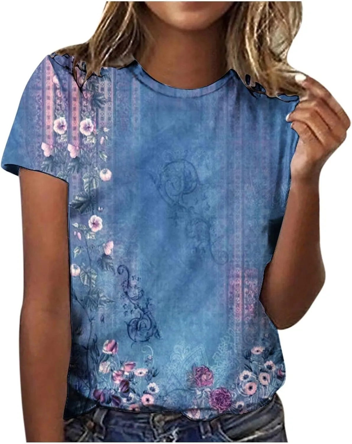 Womens Dressy Tops, Women's Fashion Casual Short Sleeve Flower Print Round Neck Pullover Top Blouse