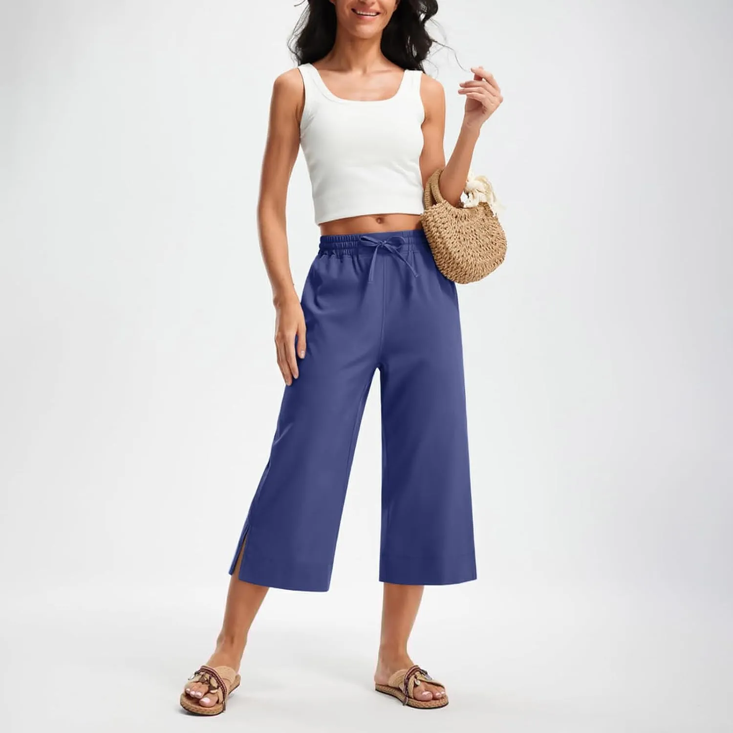 Women's Elastic Drawstring Waist Crop Pants 2025 Trendy Capri Sweatpants Loose Fit Comfort Cropped Pant with Pocket