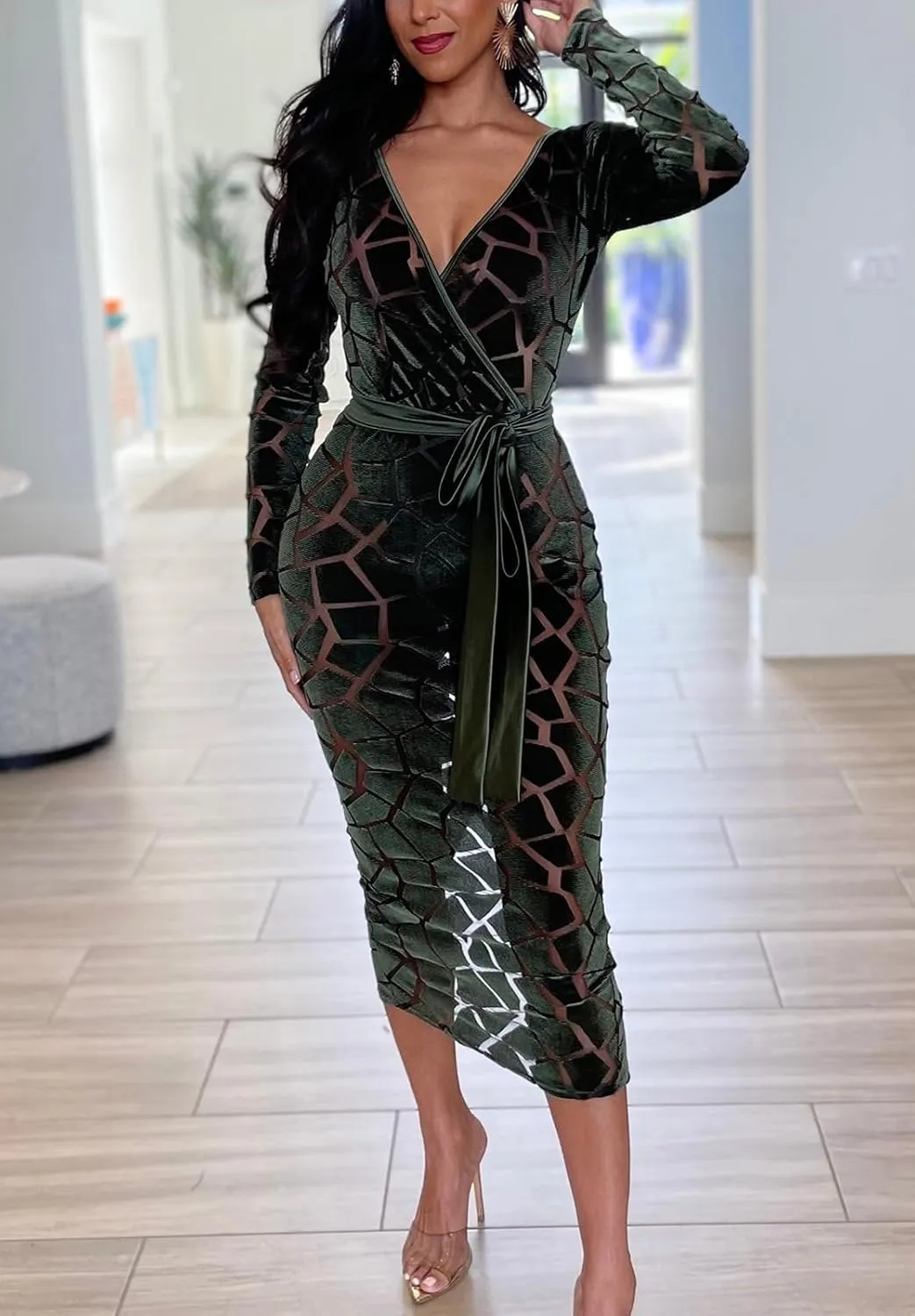 Women's Elegant Bodycon Long Dresses Deep V Neck Long Sleeves Club Night Party Midi Dress
