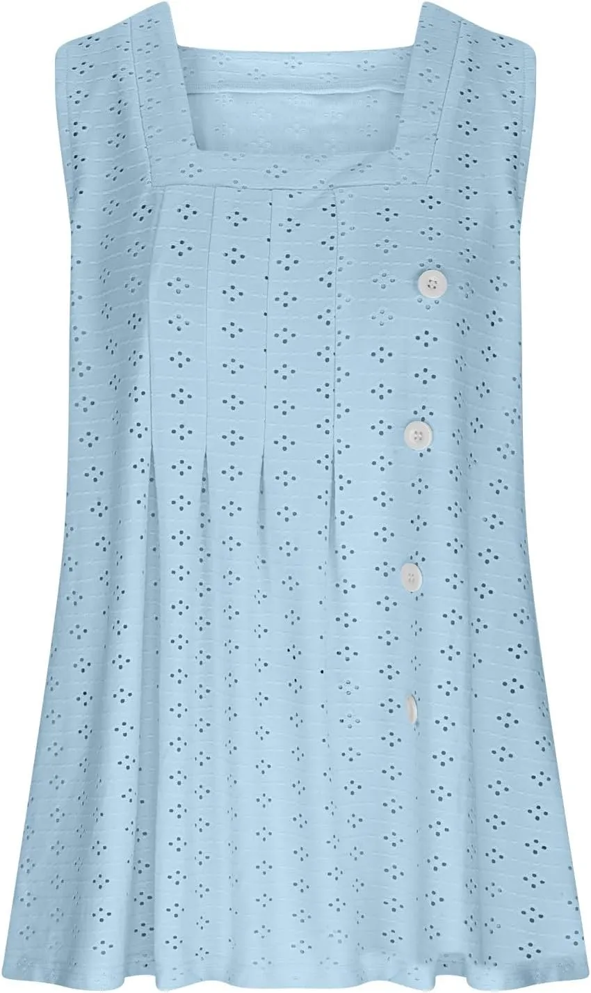 Womens Eyelet Tank Tops Sleeveless Square Neck Camisole Trendy Casual Tank Tops Summer Dressy Elegant Blouse