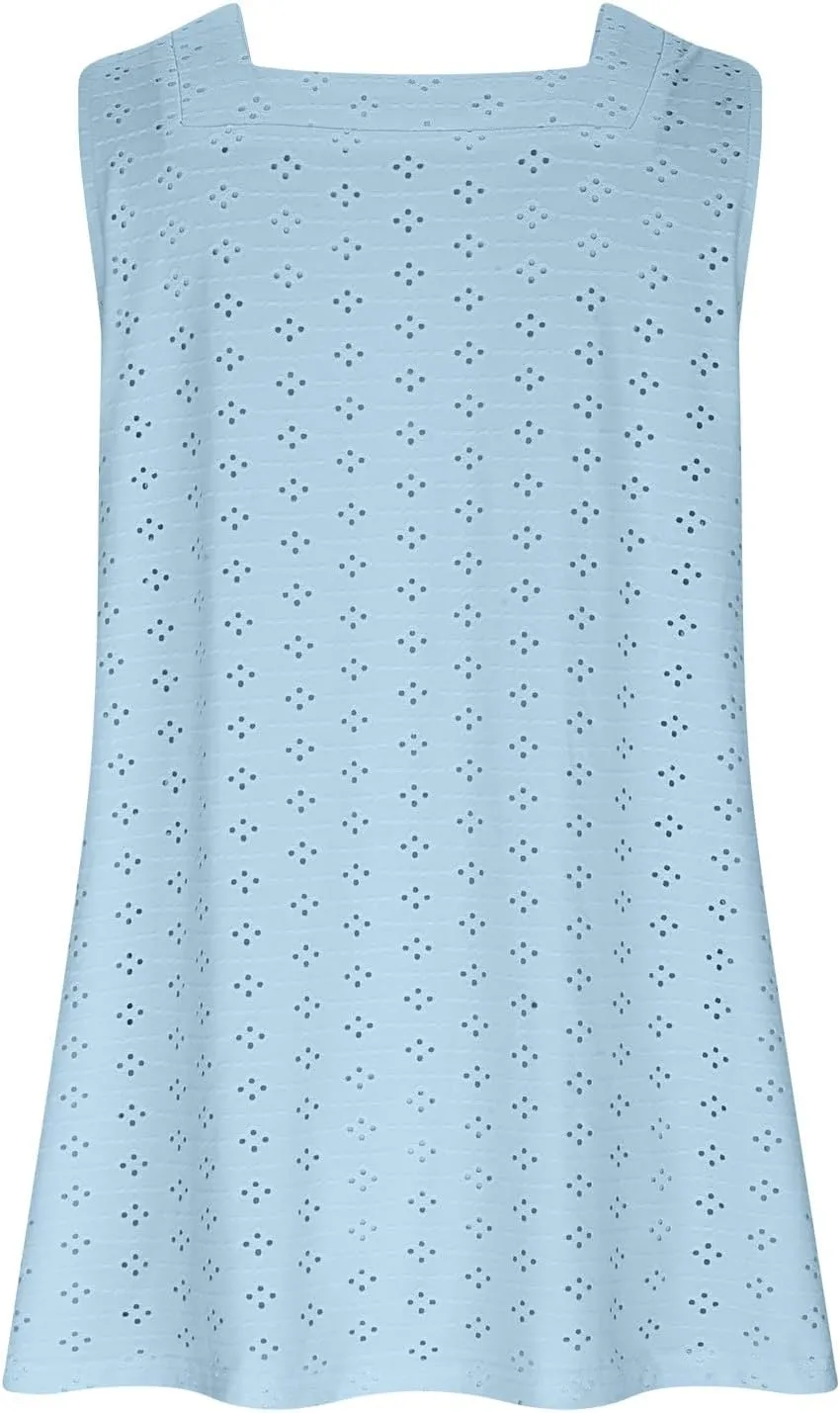 Womens Eyelet Tank Tops Sleeveless Square Neck Camisole Trendy Casual Tank Tops Summer Dressy Elegant Blouse