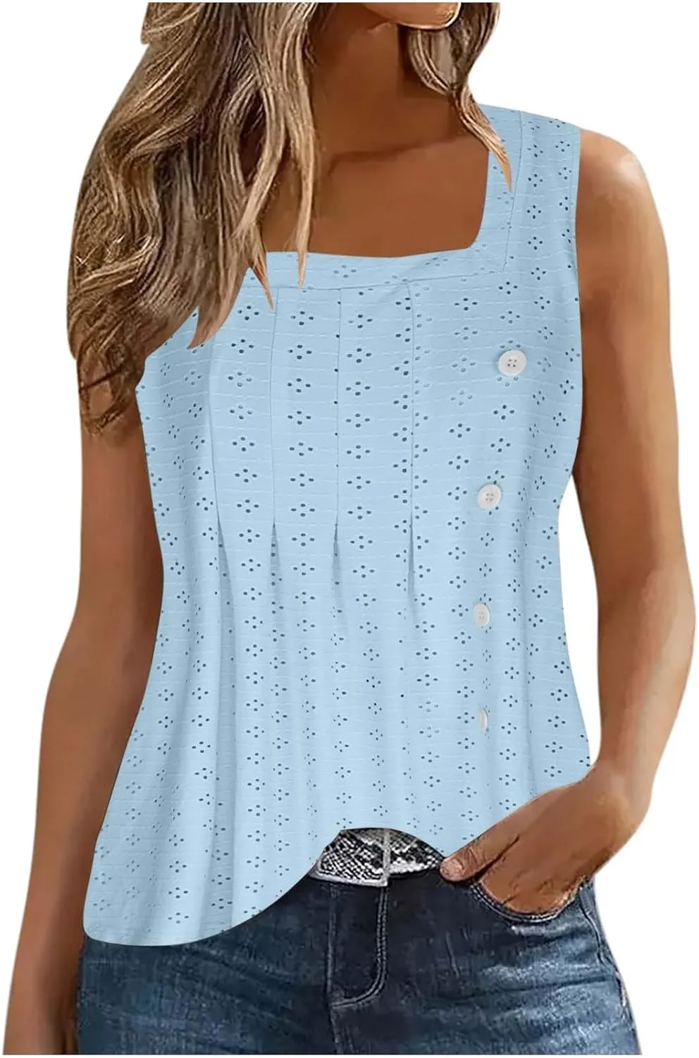 Womens Eyelet Tank Tops Sleeveless Square Neck Camisole Trendy Casual Tank Tops Summer Dressy Elegant Blouse