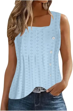 Womens Eyelet Tank Tops Sleeveless Square Neck Camisole Trendy Casual Tank Tops Summer Dressy Elegant Blouse