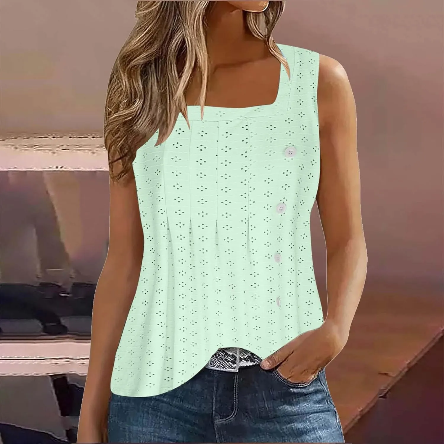 Womens Eyelet Tank Tops Sleeveless Square Neck Camisole Trendy Casual Tank Tops Summer Dressy Elegant Blouse