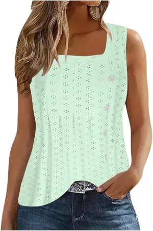Womens Eyelet Tank Tops Sleeveless Square Neck Camisole Trendy Casual Tank Tops Summer Dressy Elegant Blouse