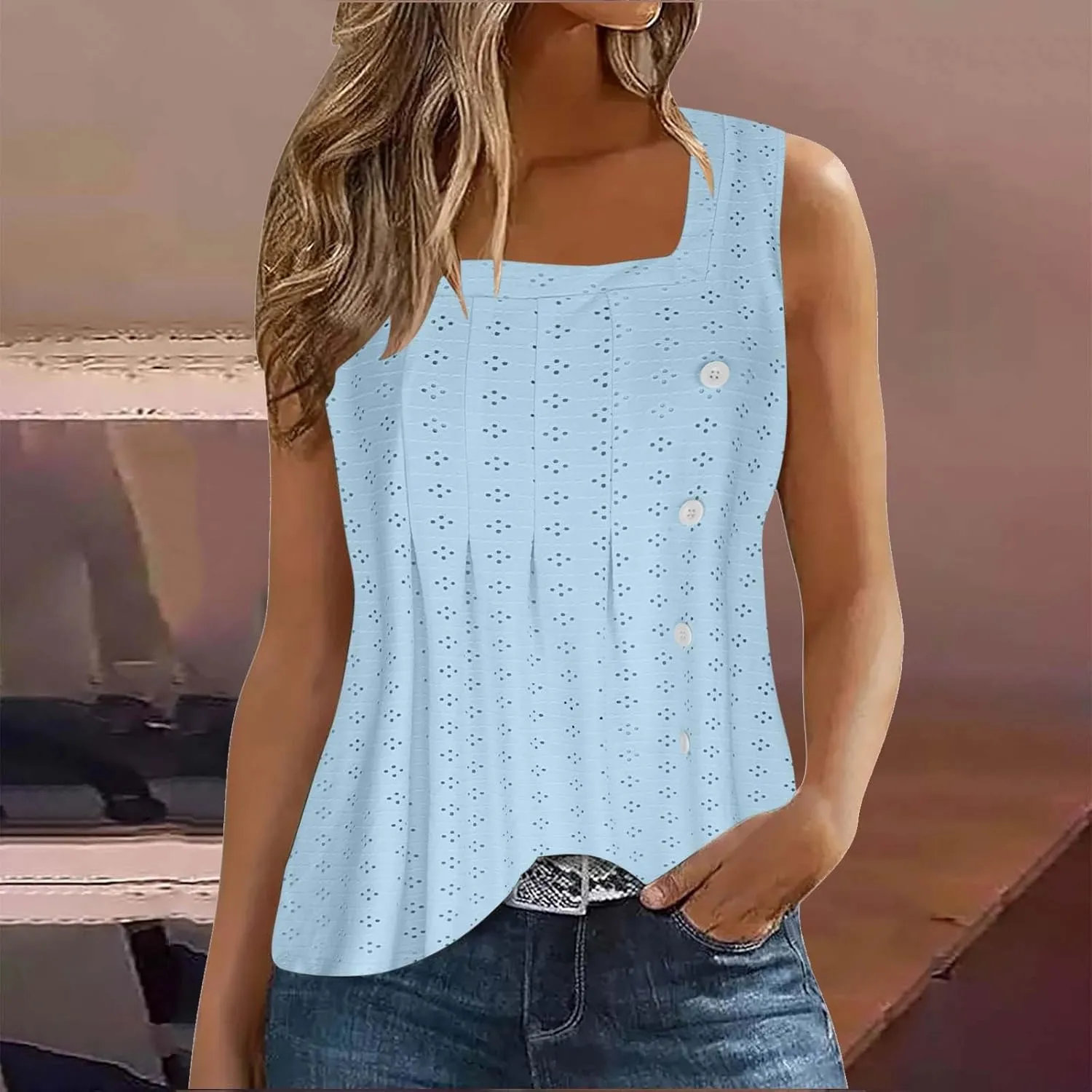 Womens Eyelet Tank Tops Sleeveless Square Neck Camisole Trendy Casual Tank Tops Summer Dressy Elegant Blouse