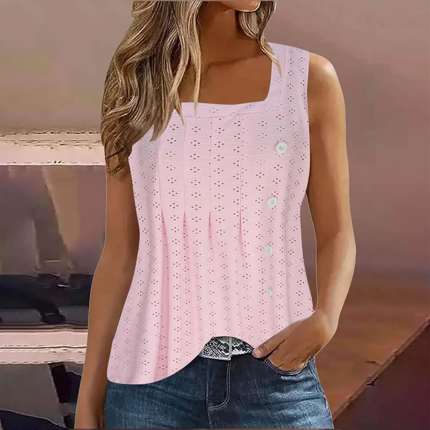 Womens Eyelet Tank Tops Sleeveless Square Neck Camisole Trendy Casual Tank Tops Summer Dressy Elegant Blouse