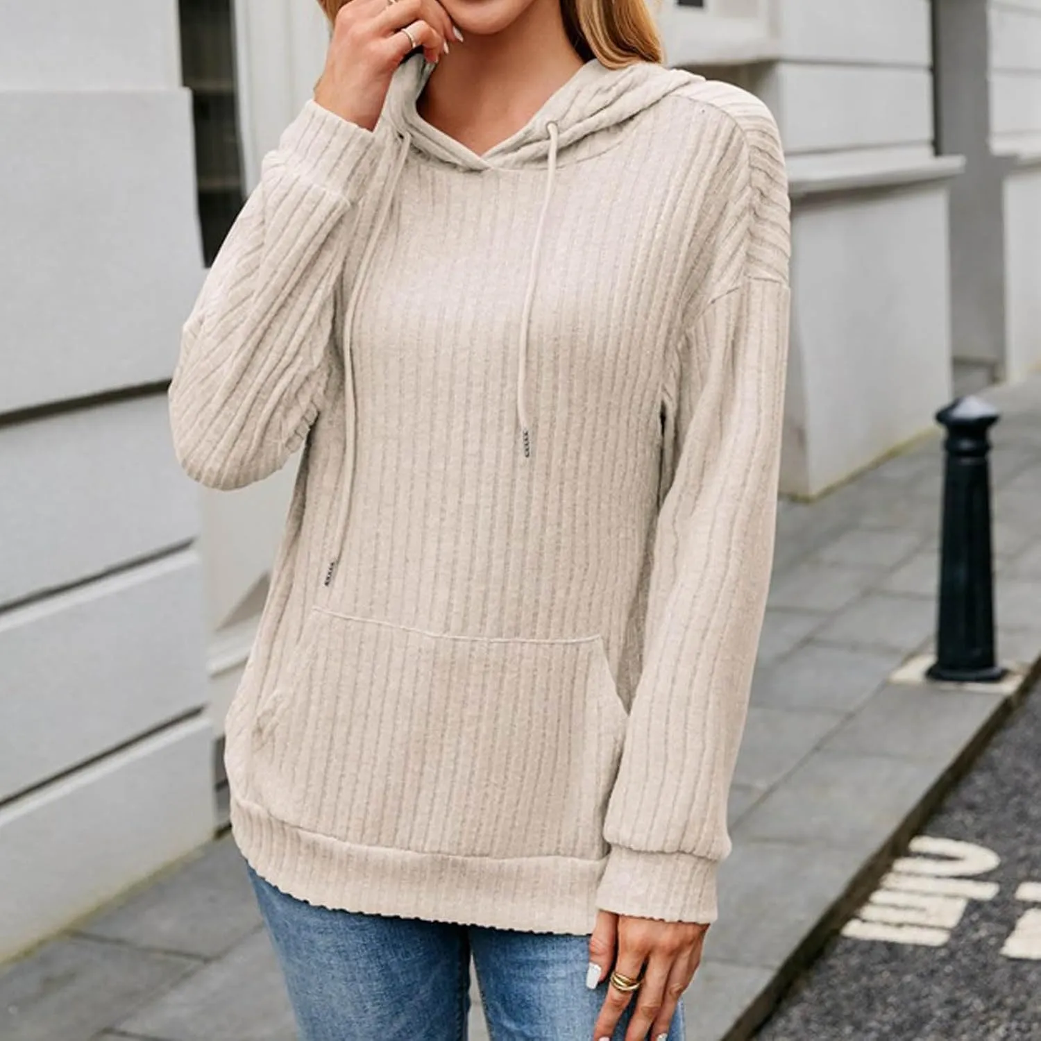 Womens Fall Sweatshirts 2024 Baggy Lounge Knitted Hooded Blouses Shirts Loose Long Sleeve Pullover Casual Tunic Tops