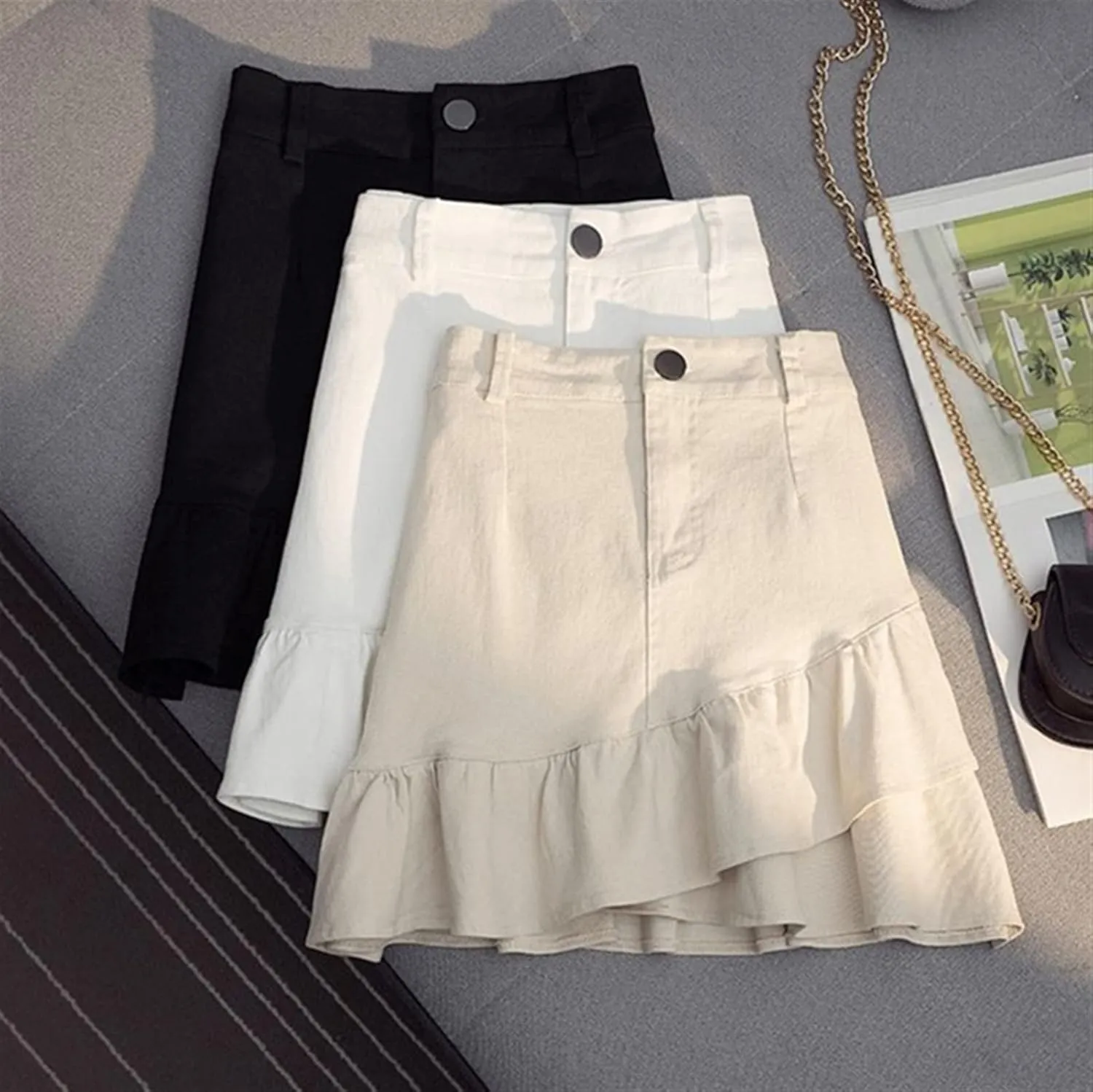 Women's Fashion Denim Versatile High Waist Slim Sexy Girl Mini Skirt (Color : White, Size : L)