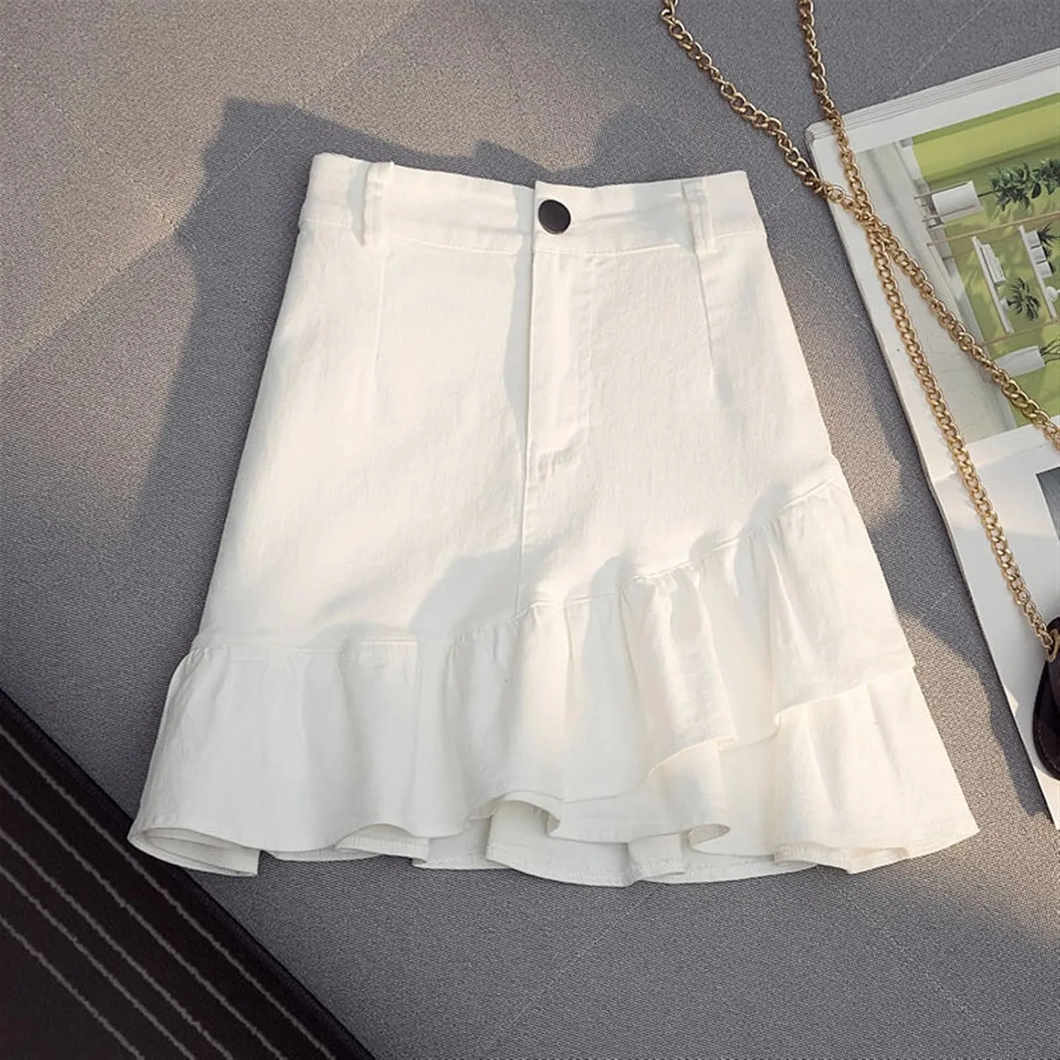Women's Fashion Denim Versatile High Waist Slim Sexy Girl Mini Skirt (Color : White, Size : L)