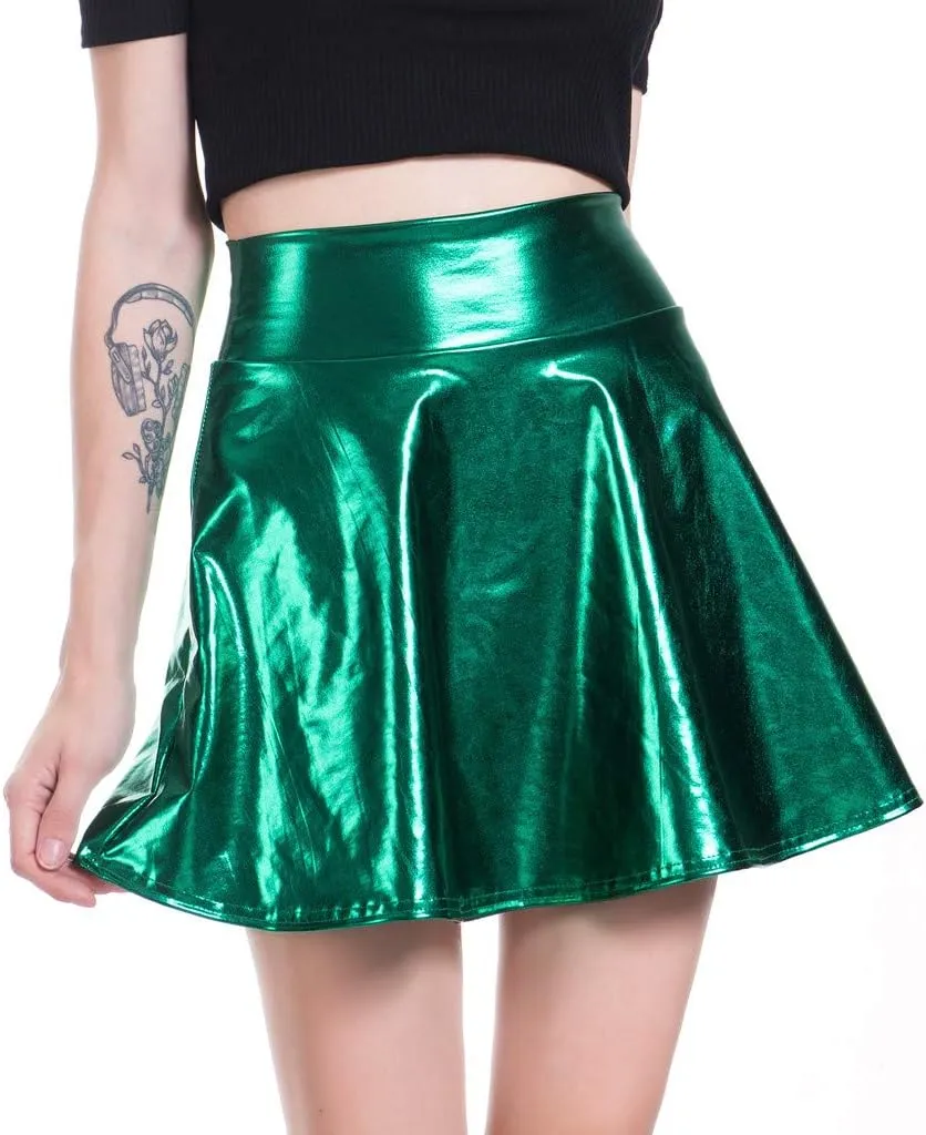 Womens Fashion Leather Skirt Casual Fashion Shiny Flared Pleated A-Line Skirt High Waist Mini Skirts for Women