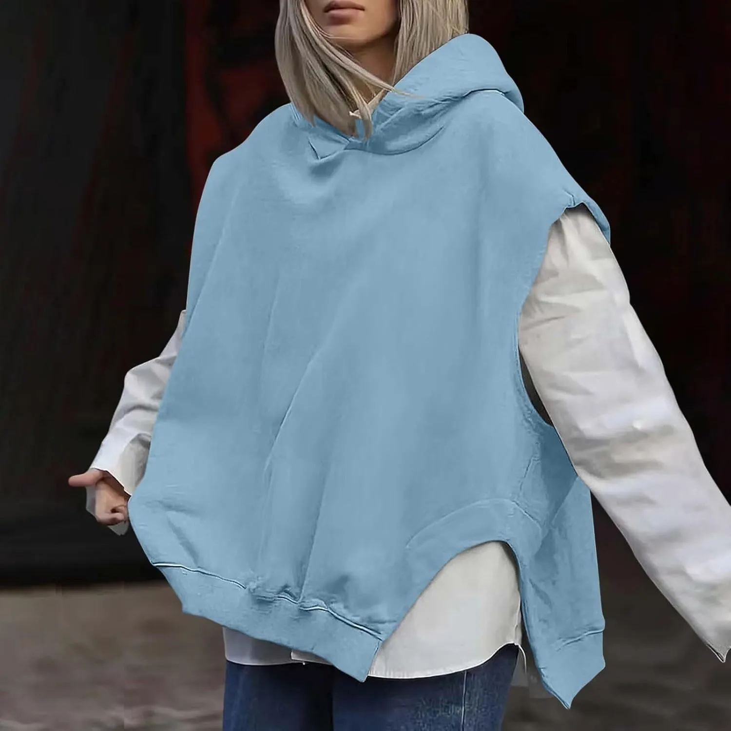 Women'S Fashion Solid Hoodies Sweatshirts Sleeveless Drawstring Oversized Tops Cropped Hoodies for Women