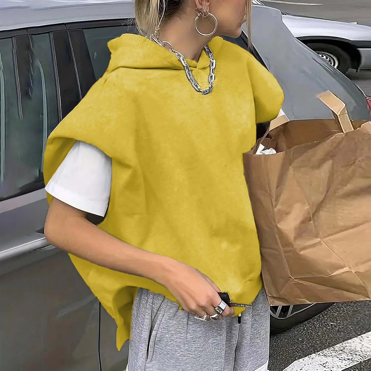 Women'S Fashion Solid Hoodies Sweatshirts Sleeveless Drawstring Oversized Tops Cropped Hoodies for Women