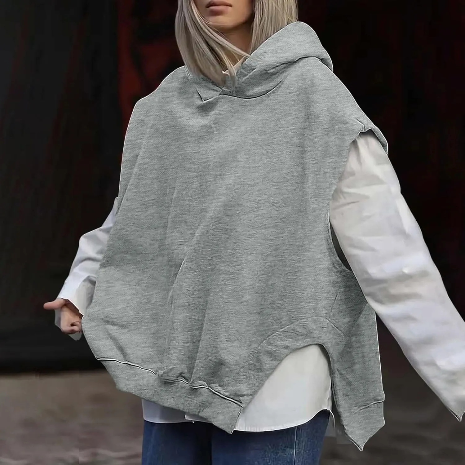 Women'S Fashion Solid Hoodies Sweatshirts Sleeveless Drawstring Oversized Tops Cropped Hoodies for Women