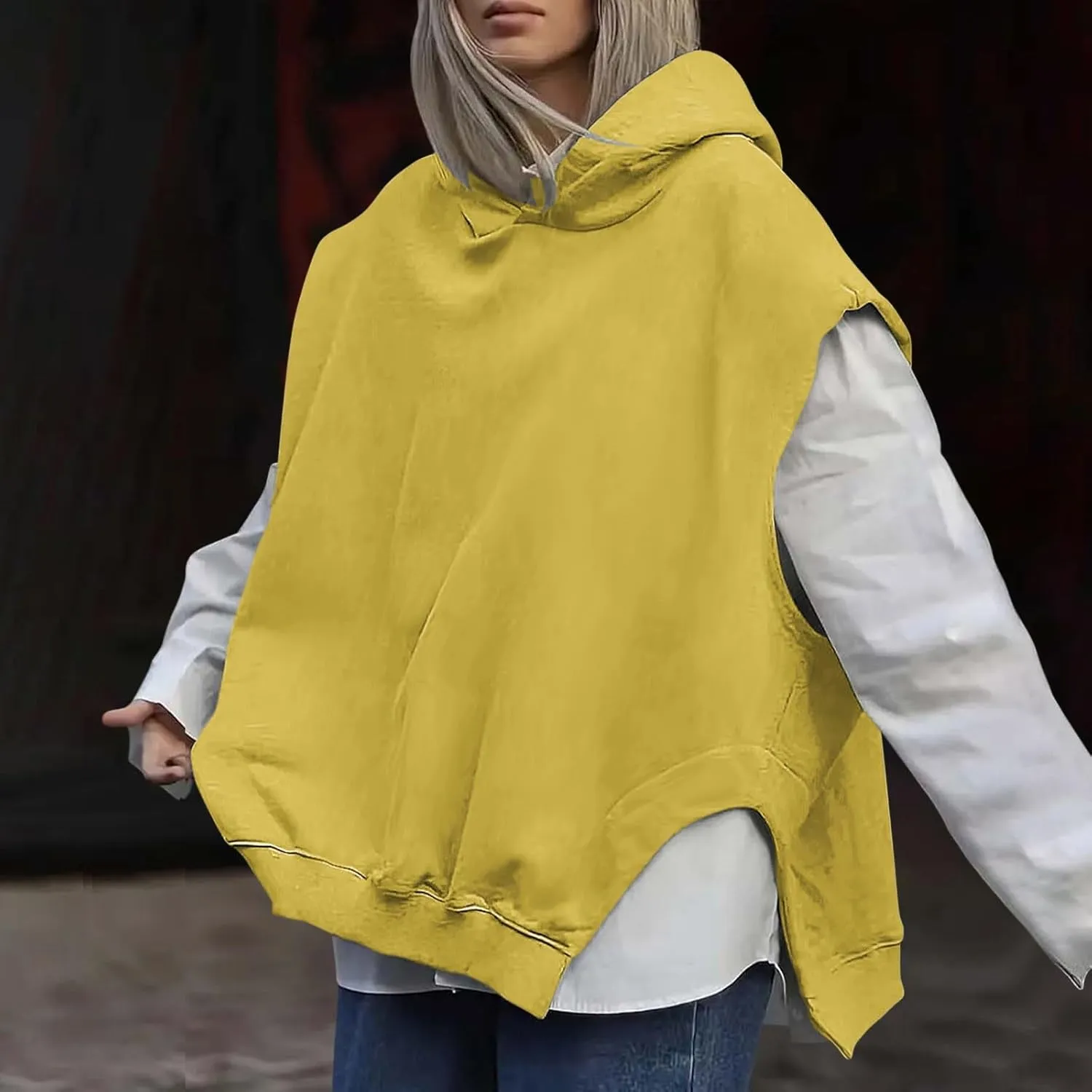Women'S Fashion Solid Hoodies Sweatshirts Sleeveless Drawstring Oversized Tops Cropped Hoodies for Women