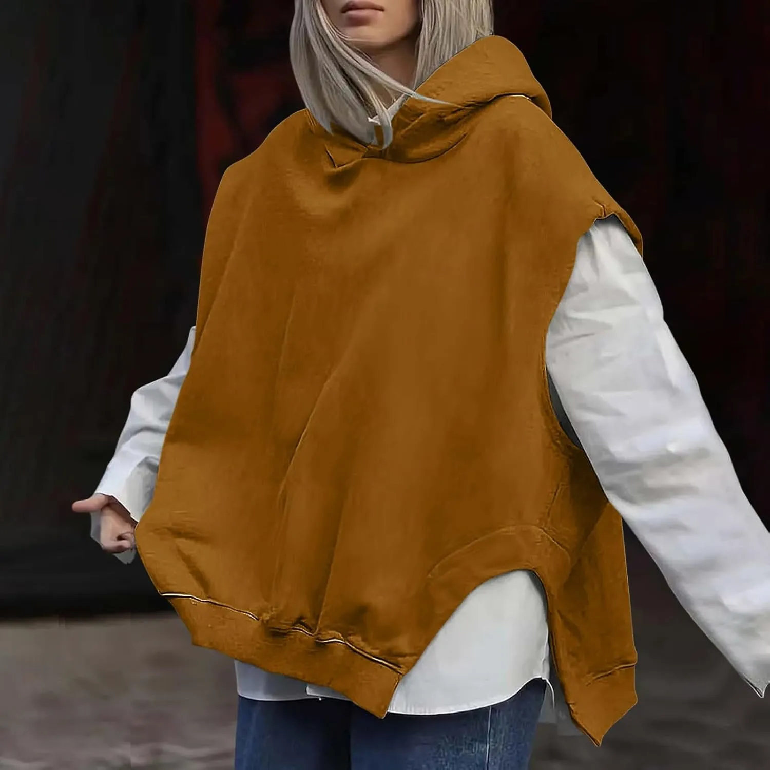 Women'S Fashion Solid Hoodies Sweatshirts Sleeveless Drawstring Oversized Tops Cropped Hoodies for Women