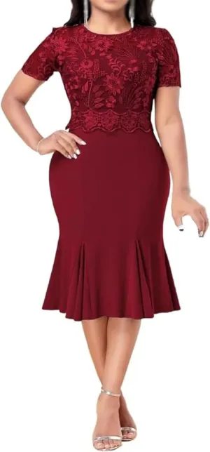 Women's Floral Lace Midi Bodycon Dresses Elegant Wedding Guest Business Cocktail Club Party Dress Evening Prom Gowns