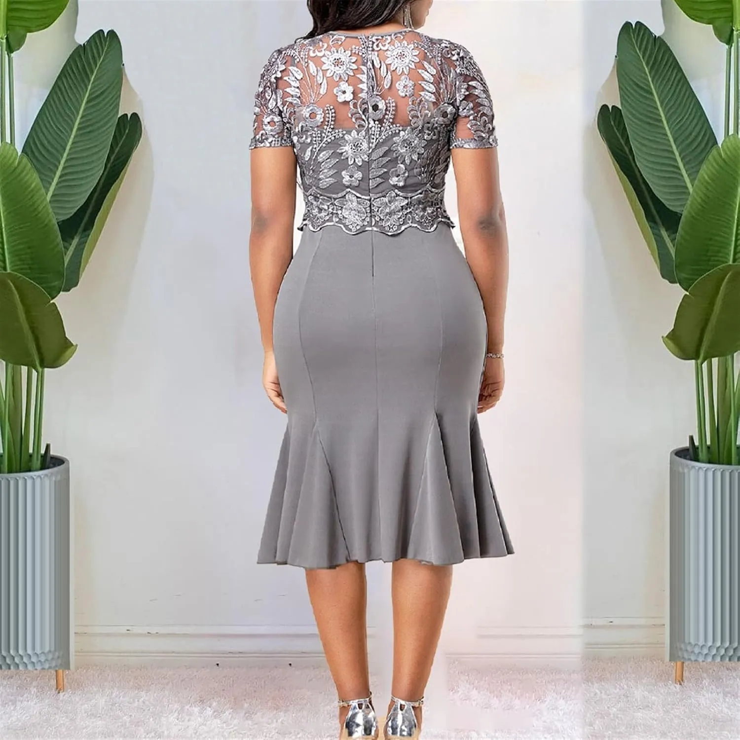 Women's Floral Lace Midi Bodycon Dresses Elegant Wedding Guest Business Cocktail Club Party Dress Evening Prom Gowns