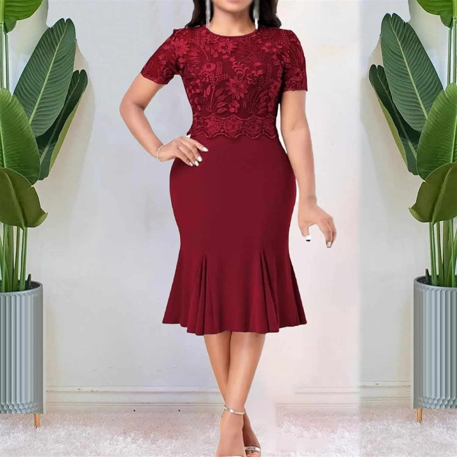 Women's Floral Lace Midi Bodycon Dresses Elegant Wedding Guest Business Cocktail Club Party Dress Evening Prom Gowns