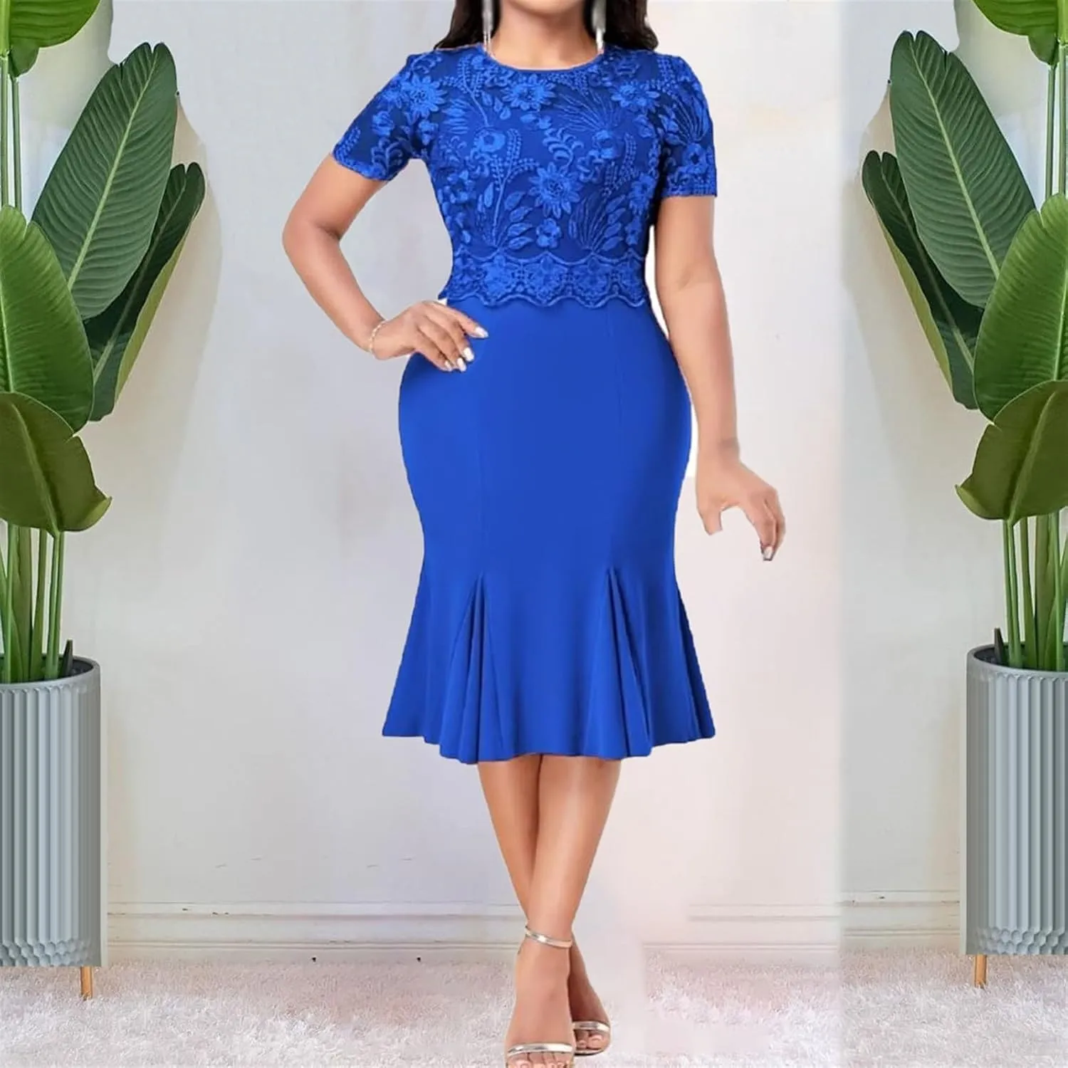 Women's Floral Lace Midi Bodycon Dresses Elegant Wedding Guest Business Cocktail Club Party Dress Evening Prom Gowns