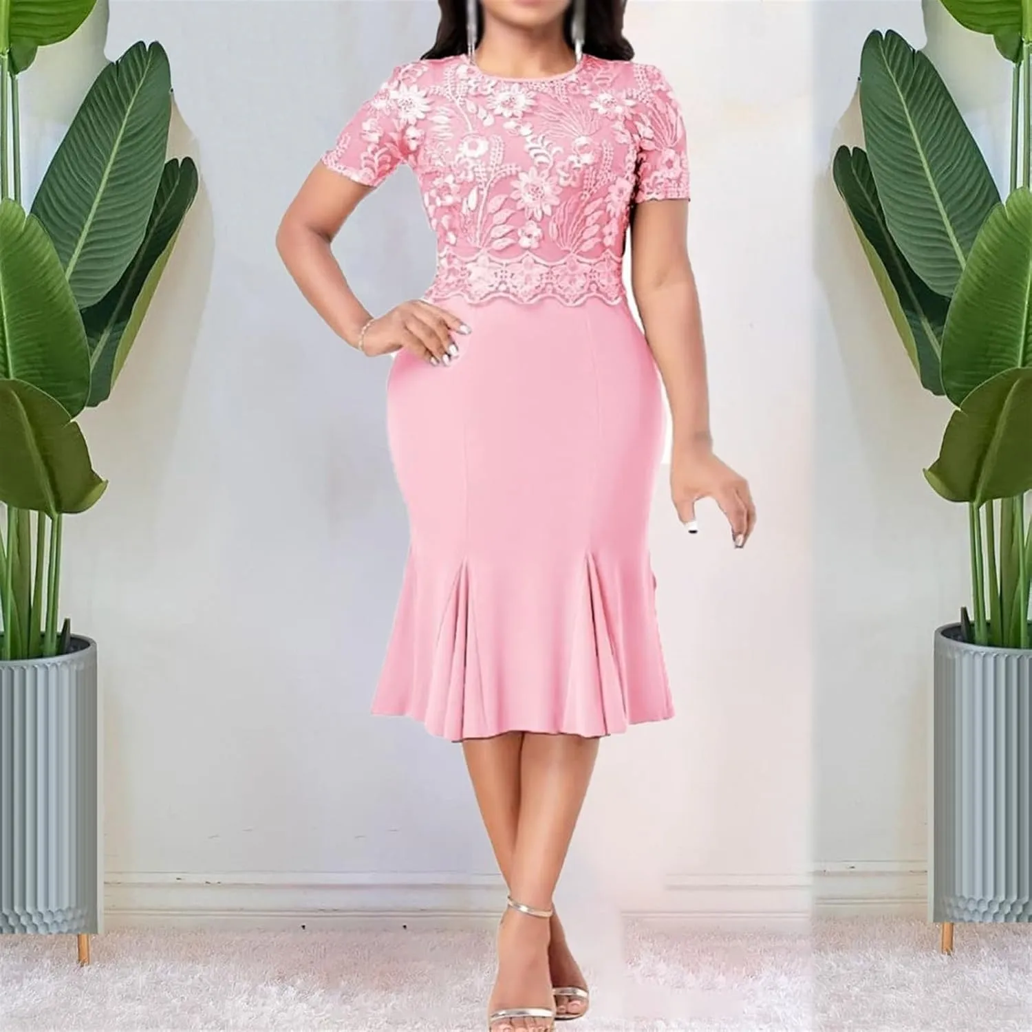 Women's Floral Lace Midi Bodycon Dresses Elegant Wedding Guest Business Cocktail Club Party Dress Evening Prom Gowns