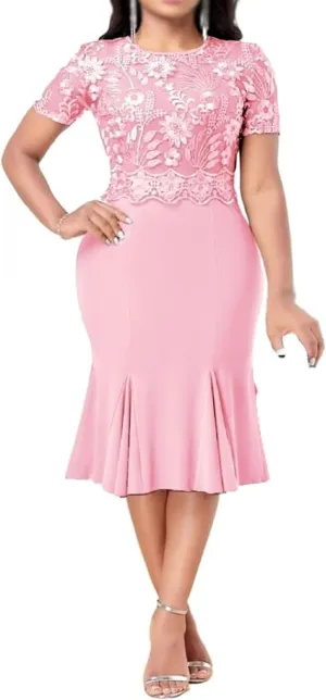 Women's Floral Lace Midi Bodycon Dresses Elegant Wedding Guest Business Cocktail Club Party Dress Evening Prom Gowns