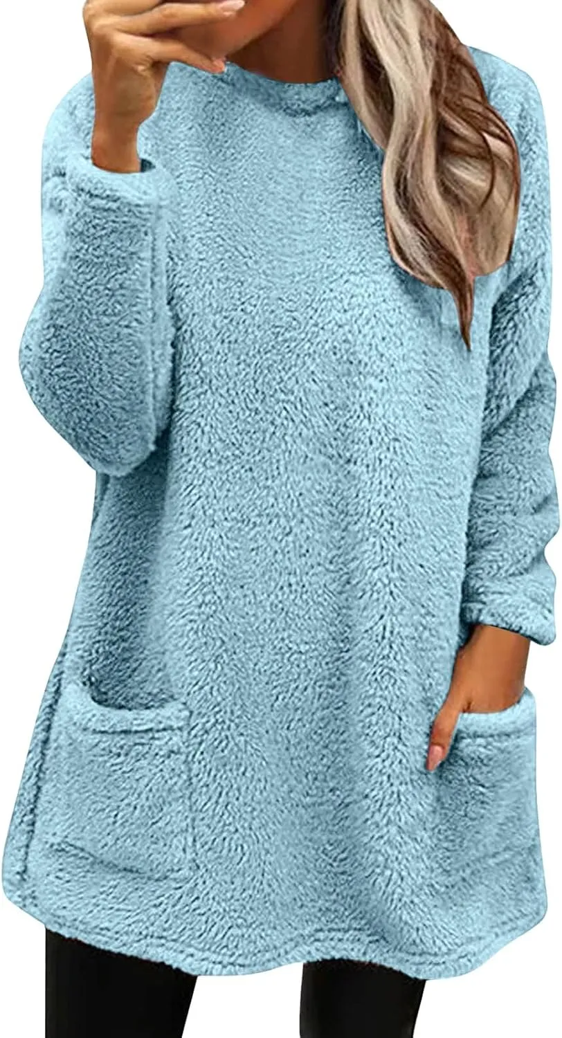 Womens Fuzzy Fleece Pullover Sherpa Sweatshirt Turtleneck Long Sleeve Sweatshirts Winter Warm Outwear Tops with Pockets
