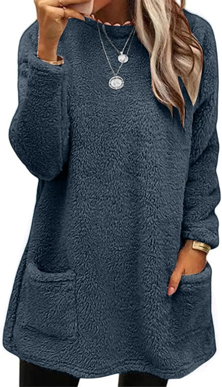 Womens Fuzzy Fleece Pullover Sherpa Sweatshirt Turtleneck Long Sleeve Sweatshirts Winter Warm Outwear Tops with Pockets