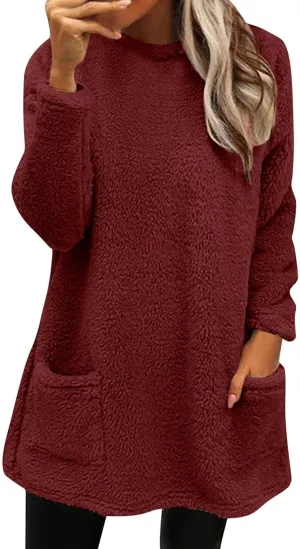Womens Fuzzy Fleece Pullover Sherpa Sweatshirt Turtleneck Long Sleeve Sweatshirts Winter Warm Outwear Tops with Pockets