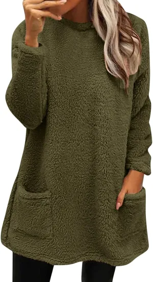 Womens Fuzzy Fleece Pullover Sherpa Sweatshirt Turtleneck Long Sleeve Sweatshirts Winter Warm Outwear Tops with Pockets
