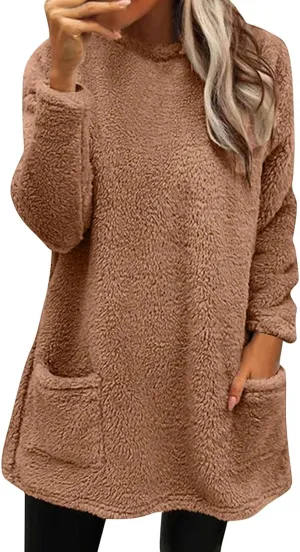 Womens Fuzzy Fleece Pullover Sherpa Sweatshirt Turtleneck Long Sleeve Sweatshirts Winter Warm Outwear Tops with Pockets
