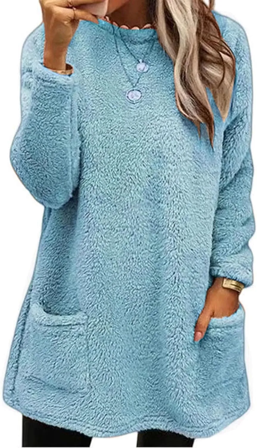 Womens Fuzzy Fleece Pullover Sherpa Sweatshirt Turtleneck Long Sleeve Sweatshirts Winter Warm Outwear Tops with Pockets