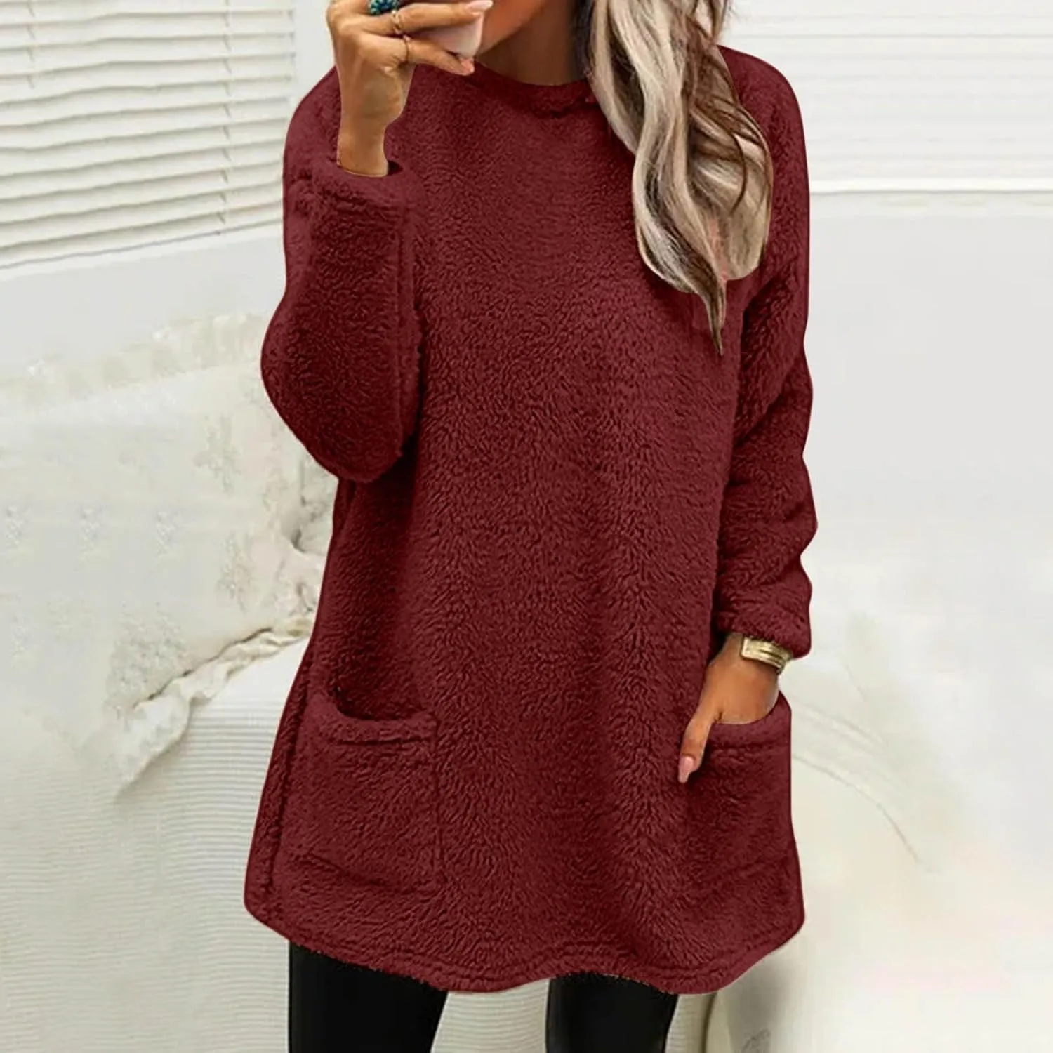 Womens Fuzzy Fleece Pullover Sherpa Sweatshirt Turtleneck Long Sleeve Sweatshirts Winter Warm Outwear Tops with Pockets