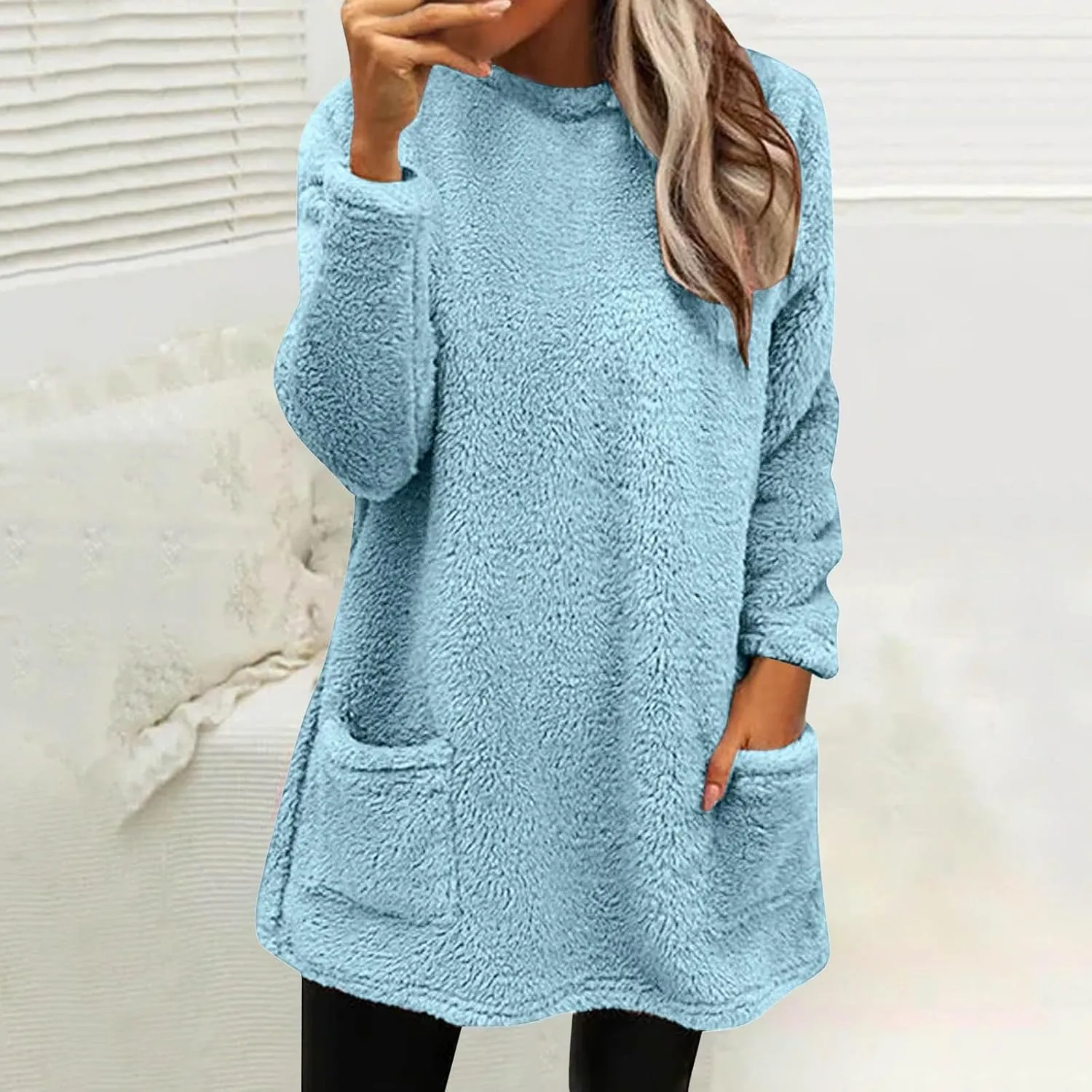 Womens Fuzzy Fleece Pullover Sherpa Sweatshirt Turtleneck Long Sleeve Sweatshirts Winter Warm Outwear Tops with Pockets