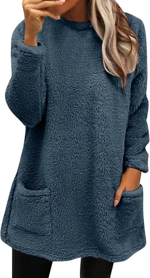 Womens Fuzzy Fleece Pullover Sherpa Sweatshirt Turtleneck Long Sleeve Sweatshirts Winter Warm Outwear Tops with Pockets