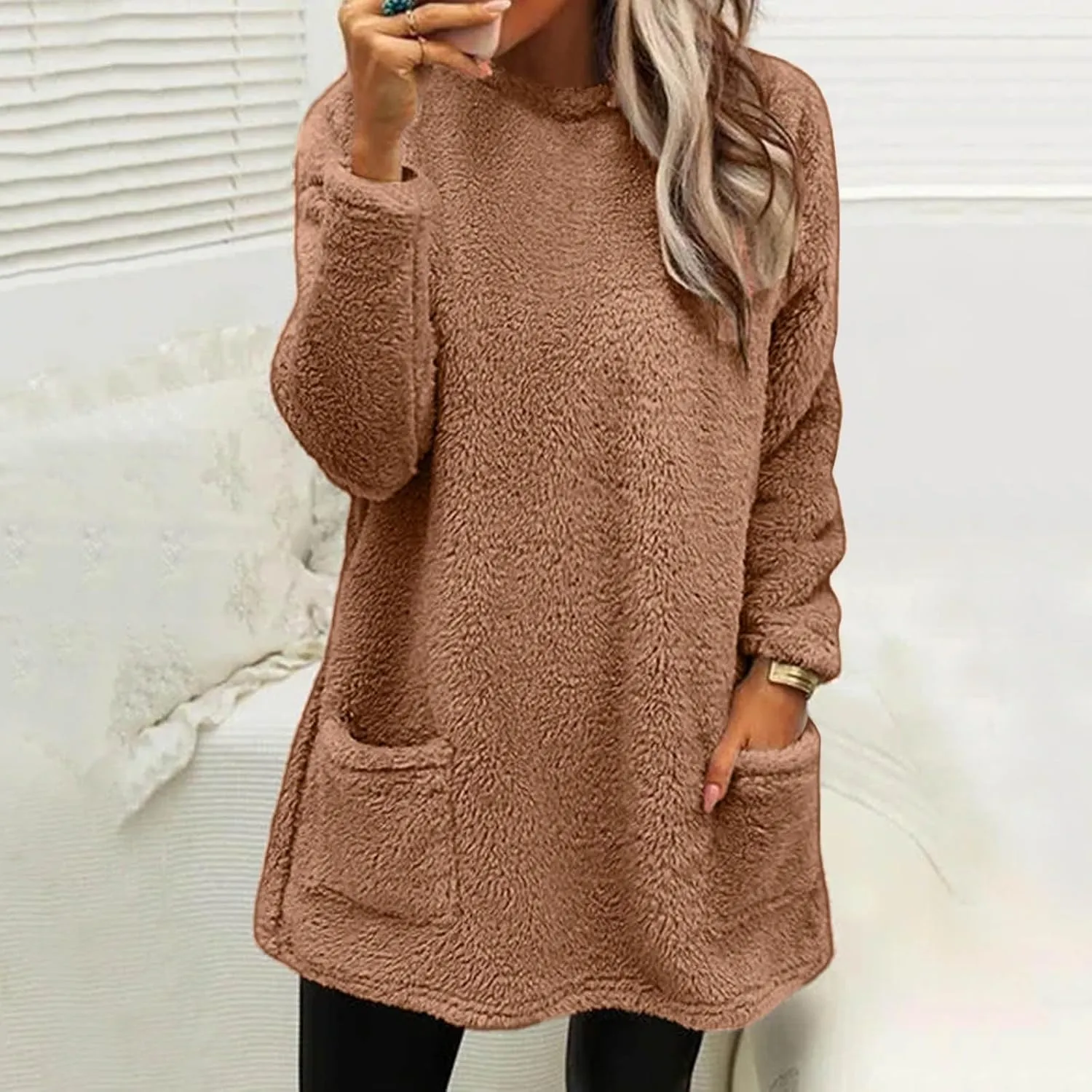 Womens Fuzzy Fleece Pullover Sherpa Sweatshirt Turtleneck Long Sleeve Sweatshirts Winter Warm Outwear Tops with Pockets